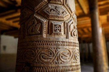 Ancient Wooden Juma Mosque with Curved Pillars of Itchan Kala, in the walled Old City of Khiva, Uzbekistan
