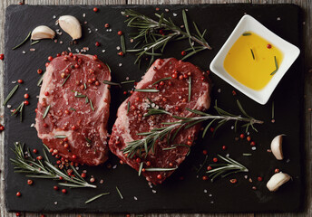 Raw fresh red meat with rosemary and spices on a black board