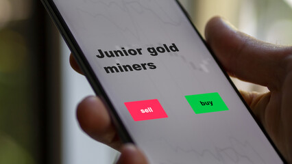 An investor's analyzing the stocks on screen. A phone shows the ETF's prices junior gold miners