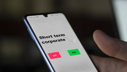 An investor's analyzing the stocks on screen. A phone shows the ETF's prices short term corporate