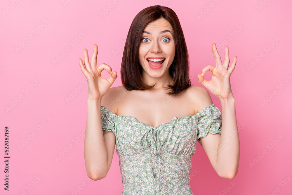 Sticker Photo of pretty sweet lady raise two arm show okey symbol satisfied enjoy good job quality clothes isolated on pink color background