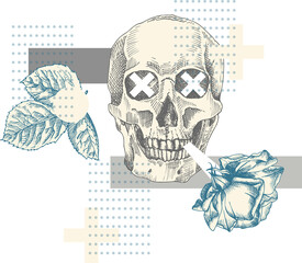 Art collage vintage human skull with flower roses, halftone. Zine Culture style banner. Hipster trending concept Tattoo, t-shirt design. Realistic hand drawn sketch. Skeleton head