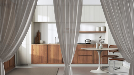 White openings curtains overlay japandi wooden kitchen and dining room, clipping path, vertical folds, soft tulle textile texture, stage concept with copy space
