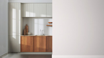 Japandi wooden kitchen on a foreground wall, interior design architecture idea, concept with copy space, blank background, template, mock up