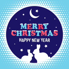 Two white rabbits against a blue sky with stars and the moon. Card or invitation, Merry Christmas and Happy New Year. Vector, illustration