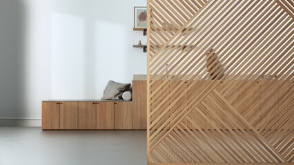 Wooden panel close-up, japandi wooden kitchen. Minimalist farmhouse interior design concept idea