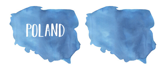 Watercolour illustration of Poland Map Silhouette. Set of two variation: with text lettering and empty template. Hand painted water color sketch, cut out clip art elements for design decoration.