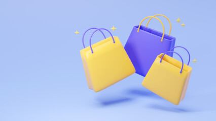 3d shopping bags for product purchase isolated on blue background. Banner template for sale, special offer of promotion. Concept of online shopping. 3d rendering of gift cartoon paper handbag.