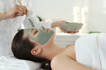 Obraz na płótnie Canvas The beautician putting a clay mask on the face of a beautiful young woman in the spa salon