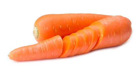 Two fresh orange carrots with slices isolated on white background with clipping path