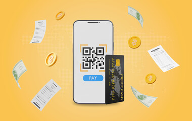 3d rendering of qr code scanning and online mobile payment with credit card. Mobile scan QR code, pay bills, invoices. online transaction Mobile application for digital money transfers.