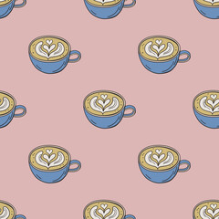 Cute cappuccino vector seamless pattern. Drink repeat background for textile, design, fabric, cover etc.