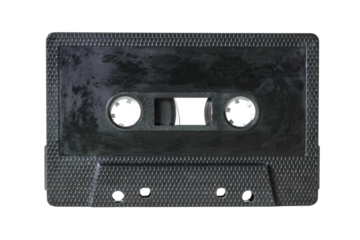An old vintage cassette tape from the 1980s (obsolete music technology). Black plastic body, no label, visible glue stains. Isolated.
