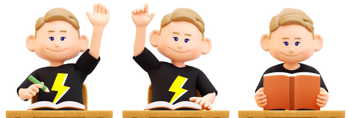 수업시간의 서양 어린이 모음, 3d 캐릭터 렌더링 일러스트