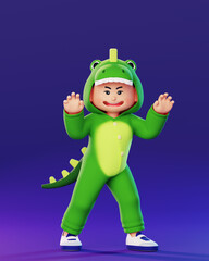 할로윈 공룡 의상을 입은 어린이가 포즈를 취하고 있는, 3d 렌더링 캐릭터 일러스트