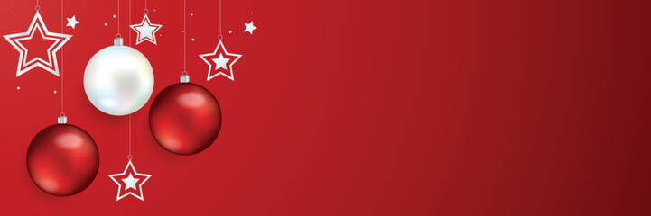 Hanging christmas balls and stars on a red background - Christmas and happy new year design banner
