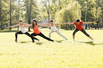 Fototapeta premium A group of healthy, beautiful, athletic women doing yoga in the park.