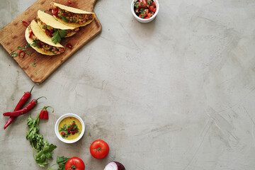 Many different fresh Mexican tacos with meat and vegetable fillings on a light surface