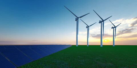 wind power turbine and solar energy in open landscape - 3D Illustration.