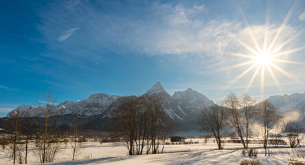Landscape view to Zugspitze, the highest mountain in germany, from the austria side