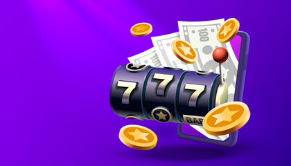 Fototapeta premium Casino slots machine winner, online games phone, 777 win banner. Vector