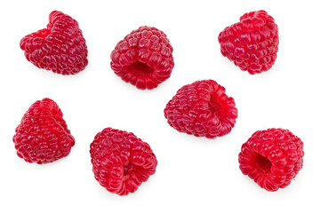 ripe raspberries isolated on white background. clipping path. top view