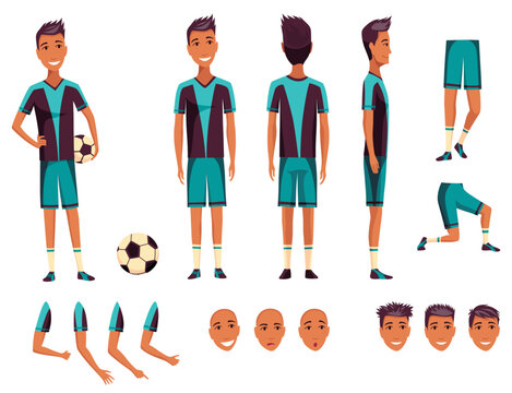 Soccer player creation set. Cartoon male football character. Man full length, front, side, back view, accessories, poses, face emotions, gestures. Isolated flat Vector illustration