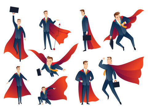 Businessman superheroes characters collection. Office workers, managers in costume and red fluttering cloak cape. Cartoon powerful man in various spectacular action poses superheroes