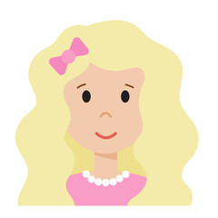 Funny cartoon woman face, cute avatar or portrait. Girl with beautiful fair hair and bow. Young character for web in flat style. Print for sticker, emoji, icon. Minimalistic face, vector illustration.