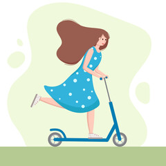 Young woman with beautiful brown hair riding kick scooter. Nice girl in blue dress. Sports outdoor activity, active vacation. Personal electric and eco urban transport. Healthy lifestyle concept. 