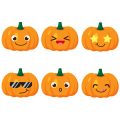 Set of pumpkin emojis. Kawaii style icons, vegetable characters. Vector illustration in cartoon flat style. Set of funny smiles or emoticons. Good nutrition and vegan concept. illustration for kids. 