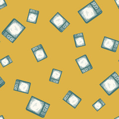 Retro TV engraved seamless pattern. Vintage television media in hand drawn style.
