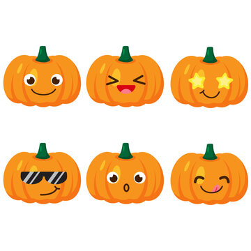 Set of pumpkin emojis. Kawaii style icons, vegetable characters. Vector illustration in cartoon flat style. Set of funny smiles or emoticons. Good nutrition and vegan concept. illustration for kids. 