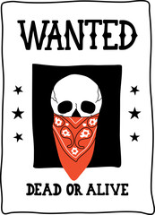 Human Skull with bandana, scarf on Wanted poster, modern flat line style. Hand drawn Wild west PNG illustration. Cowboy western vintage patch, badge, emblem. Dead or alive.   © DELstudio