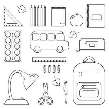 Back to school. Stationery set. Pictures on a white background.