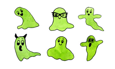 Obraz premium Watercolor cute Halloween ghost design. Eco friendly hand painted beautiful green, decorative Halloween ghost 