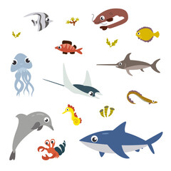 Vector cartoon animals set. Funny vector sealife animal and fish illustration. Cute isolated vector jellyfish, dolphin, eel, octopus, whale, perch, crab