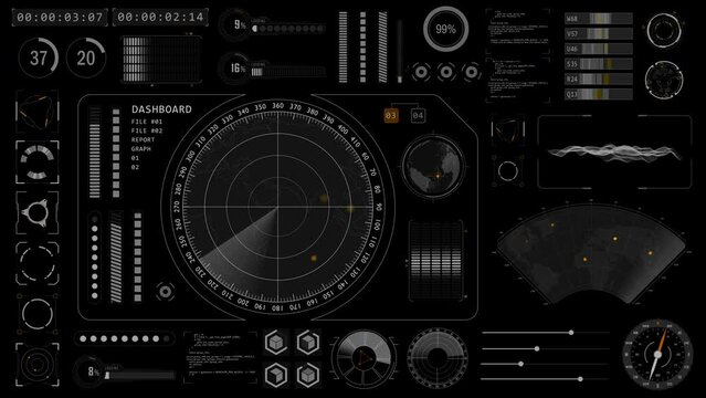 Motion graphic of Sonar radar screen searching an object with futuristic head up display ( HUD UI ) technology interface screen and chat panel abstract background Alpha channel included	