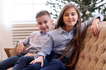 A picture of a cute little girl with her brother posing for a camera