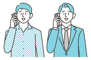 Vector illustration of a young man making a phone call on his smartphone, front view.