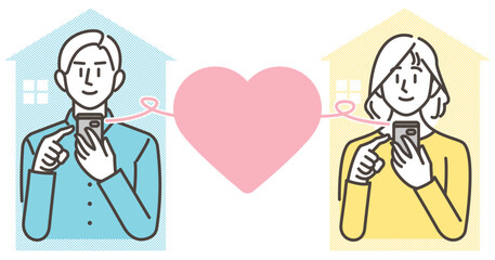 Couple in long distance relationship smiling and texting on smartphone [Vector illustration].