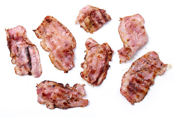 Hot fried bacon slices isolated on a white background