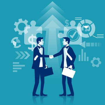 Handshake concept. Business meeting. Two businessmen in suits push a handshake, as symbol of successful deal, partnership. Vector illustration flat design isolated on background. Professional people.