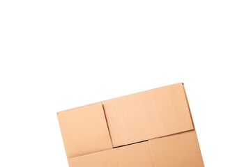 Cropped view of a one scotched cardboard box on a white background