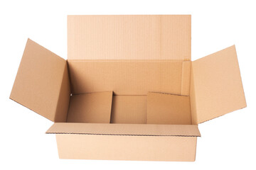 Image of a one scotched opened cardboard box on a white background
