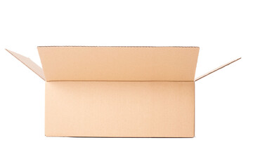 Side view of a one opened cardboard box on a white background