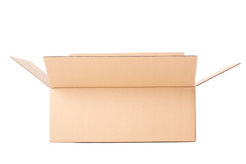 Side view of a one opened cardboard box on a white background