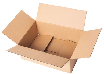Top view of a one opened cardboard box on a white background