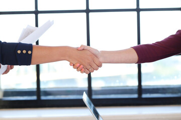 Business people handshake in modern office.