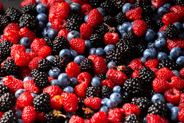 Seamless pattern with Flatley raspberry blackberry and blueberry.